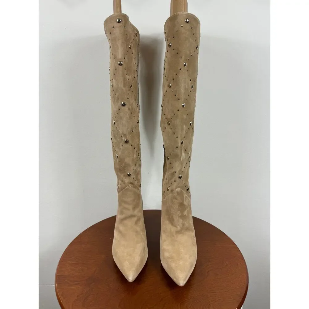 New Vince Camuto Fimulie Studded High Knee Boots Tortilla Suede Women's Size 9